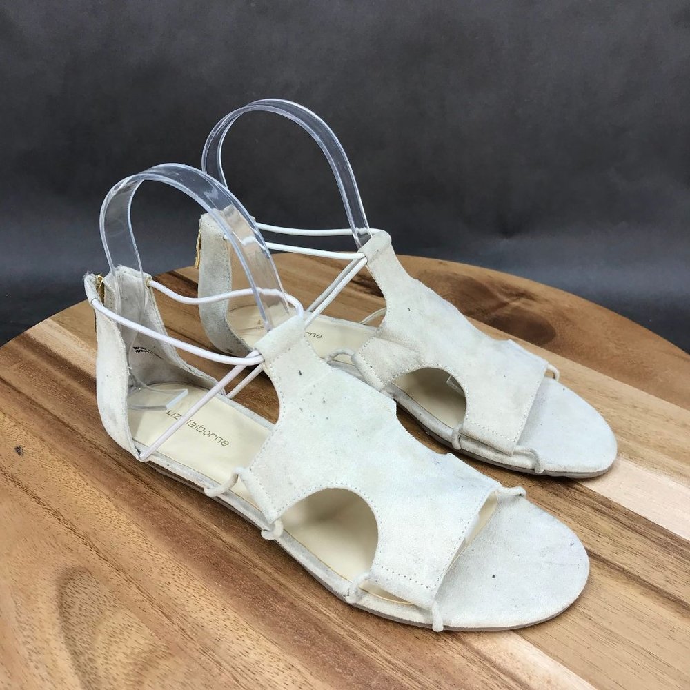 Liz Claiborne Faux Suede Beige Cutout Flat Sandals Womens Size 6